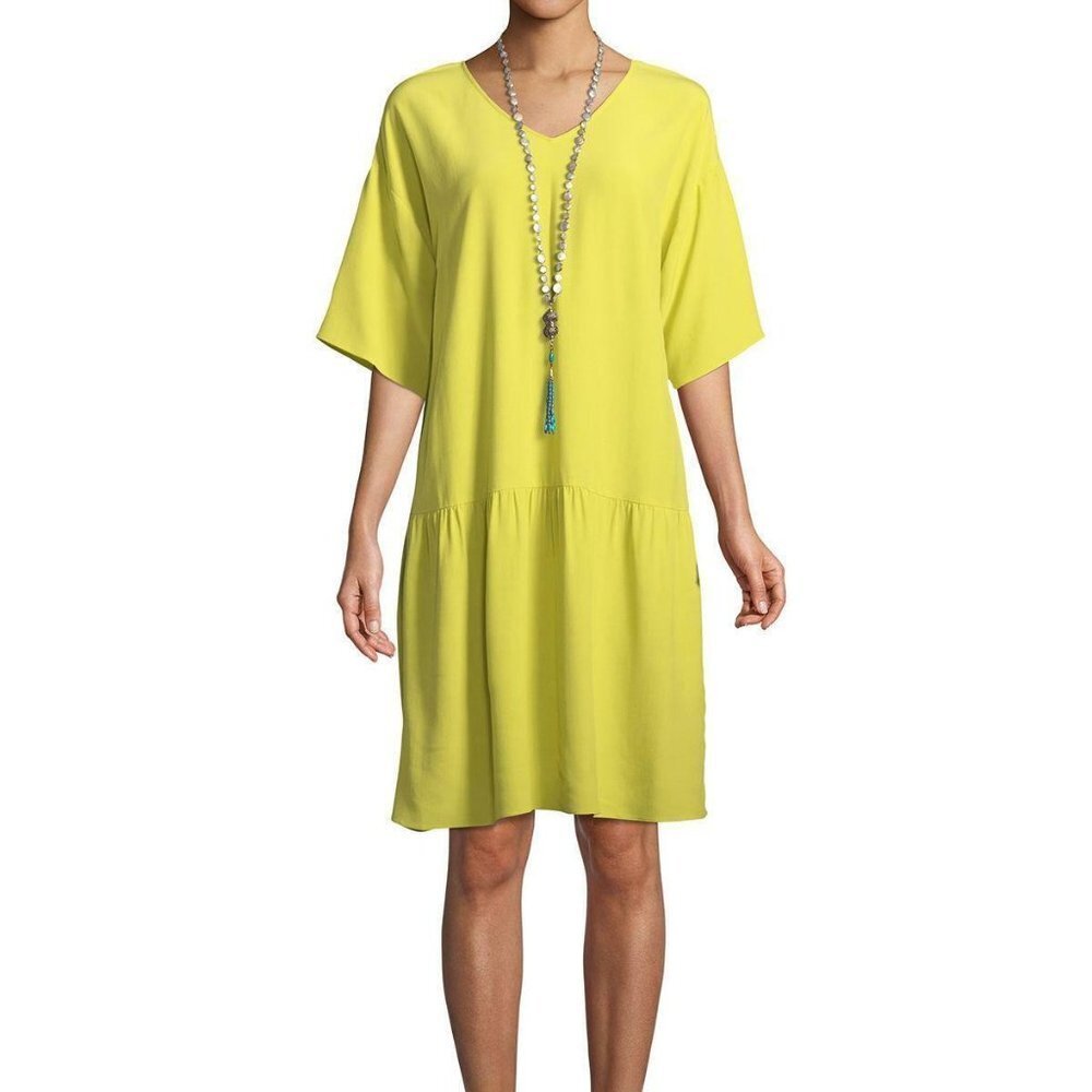 Eileen Fisher Yellow Yarow Tencel Viscose Crepe Drop Waist Dress